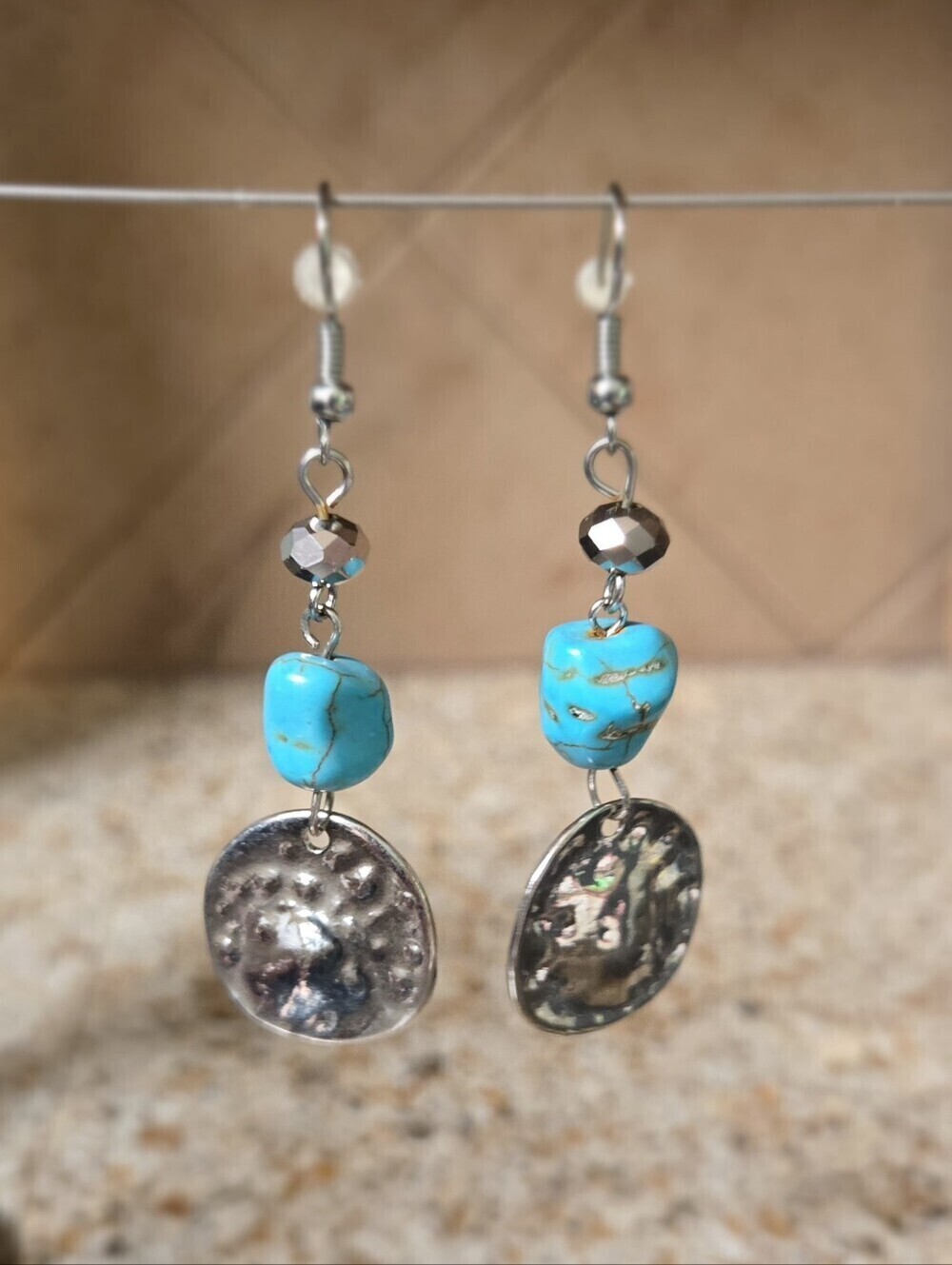 Vintage Turquoise and Silver Disc Drop Earrings - Blue